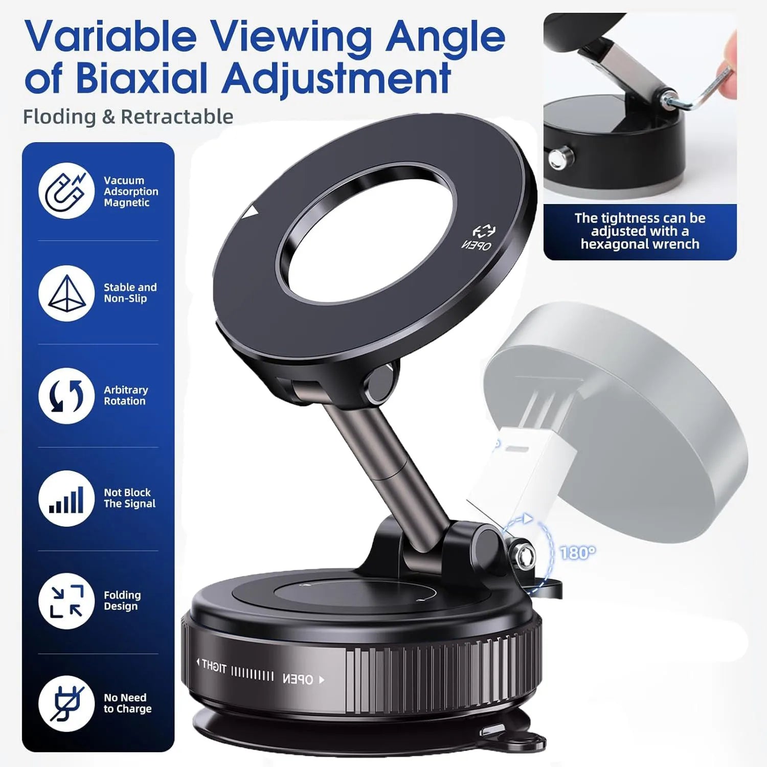 Strong Magnetic Car  Phone  Holder Foldable 360° Adjustable Vacuum Suction Mount Universal for Car, Desk, Bathroom