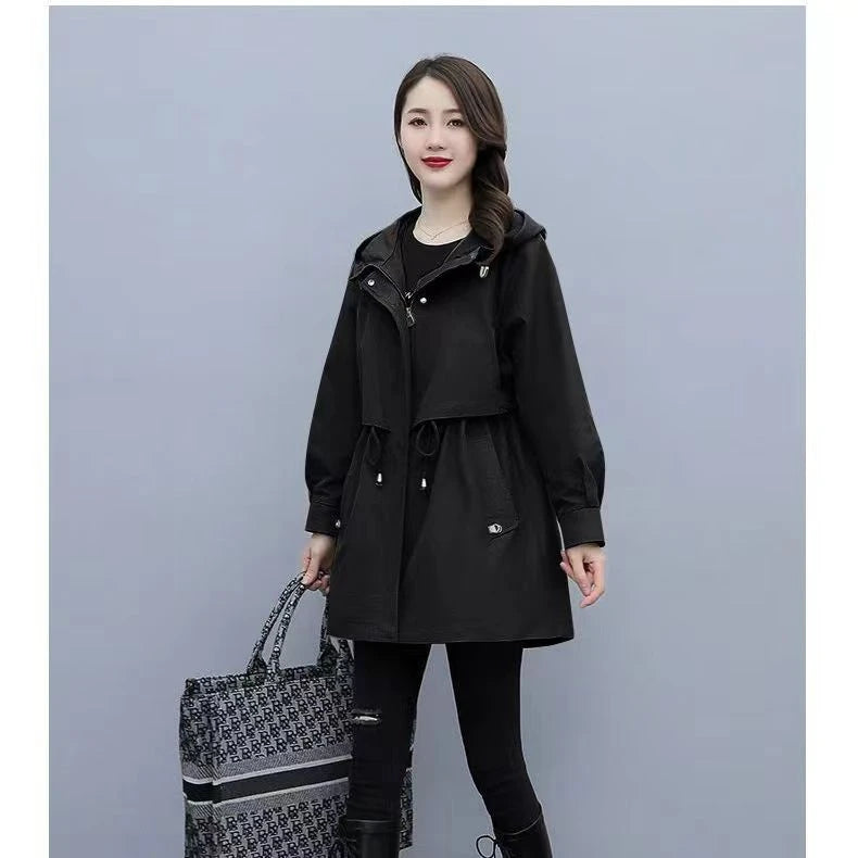 Spring and Autumn 2023 Women's Mid-length Trench Coat Hooded Zipper Tie-in Jackets British Style Loose Coats Women's Clothing