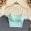 Sexy solid color crop tops sports spaghetti strap tanke top women built in bra off shoulder sleeveless omighty camisole hot