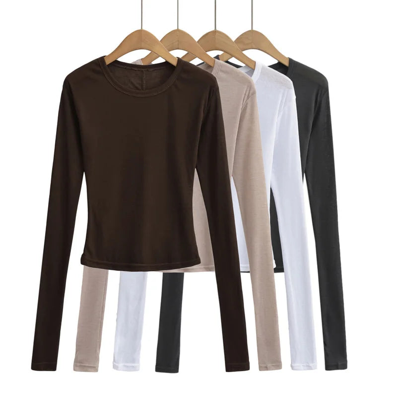 Autumn basic casual round neck long sleeved T-shirt top, high elasticity semi transparent slim knit fabric top