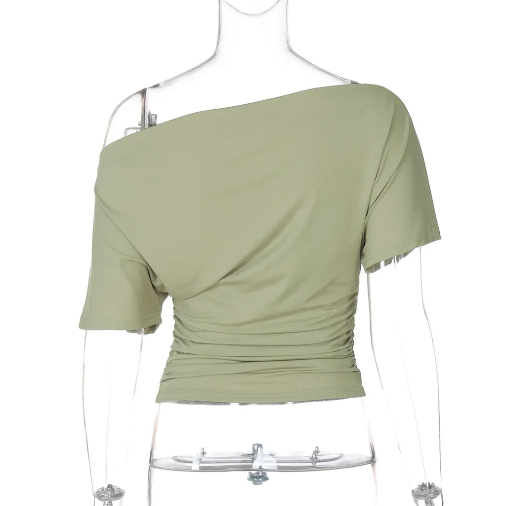 Talenza Summer One Shoulder Tops Fashion Slim Shrink Short Sleeve T-Shirts Sexy Party Y2k Streetwear Solid Pullover Tops Women