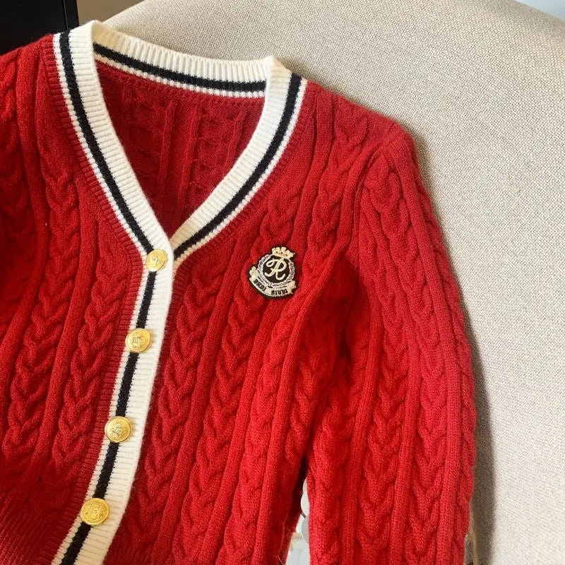 2025 Autumn Winter Preppy Style V-Neck Knitting Long Sleeve Cardigan Women Casual Appliques Single Breasted Female Loose Sweater