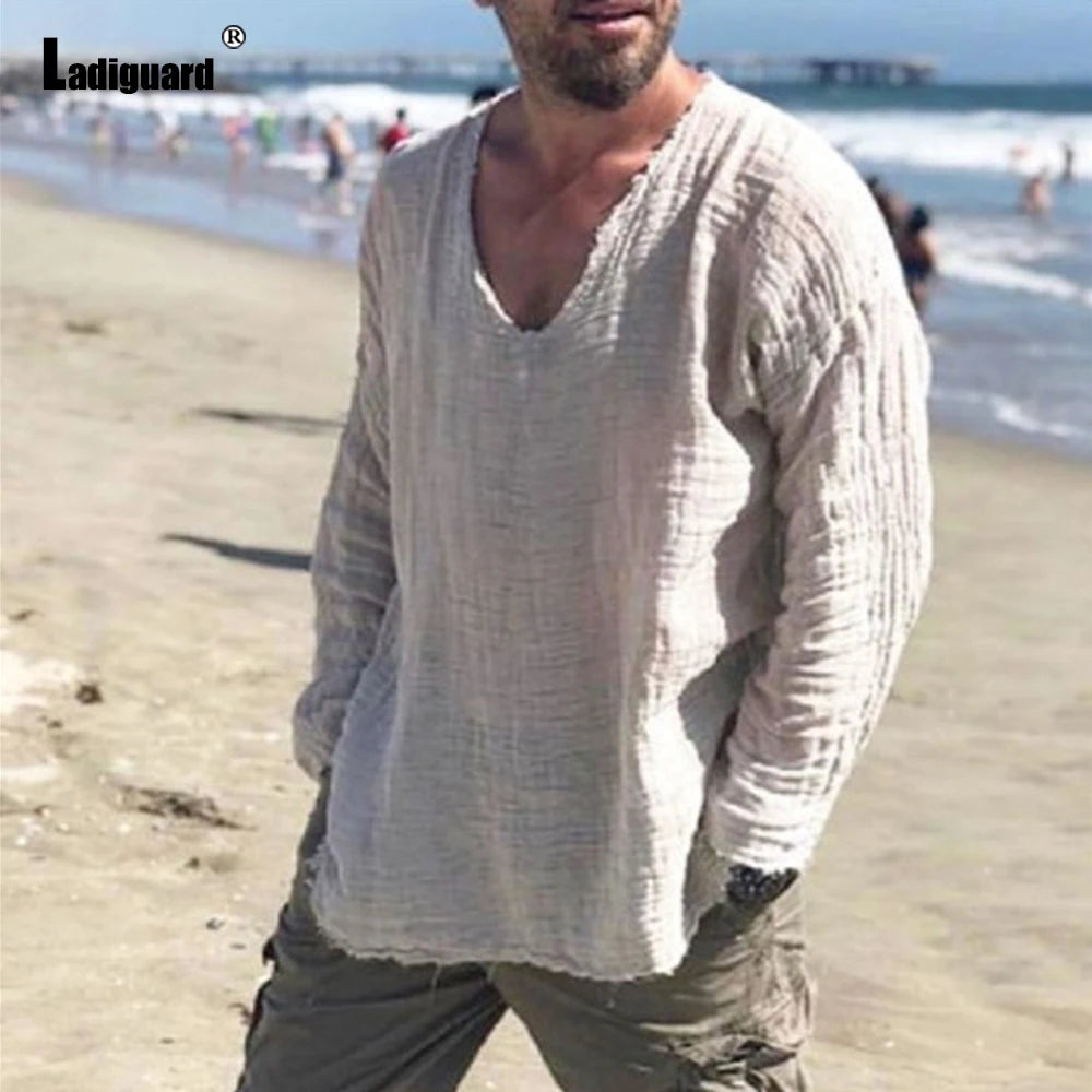Men's Patchwork T-shirt Men Long Sleeve Fashion Ripped Cotton Tops Latest Summer Casual Linen Pullovers Sexy Mens clothing 2024