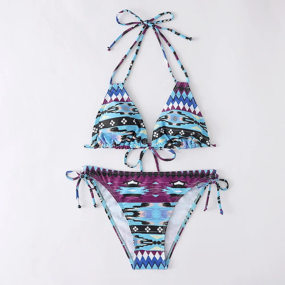 Leaves Print Swimsuit for Women,low Waist Drawstring Bikini,2-piece Swimwear,V-neck Susupender Backless Bathing Suit,beachwear