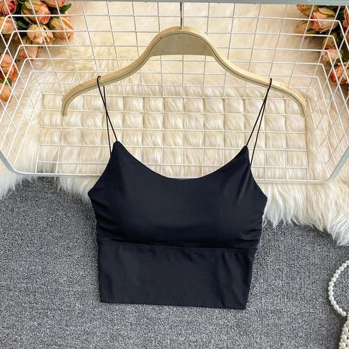 Sexy solid color crop tops sports spaghetti strap tanke top women built in bra off shoulder sleeveless omighty camisole hot
