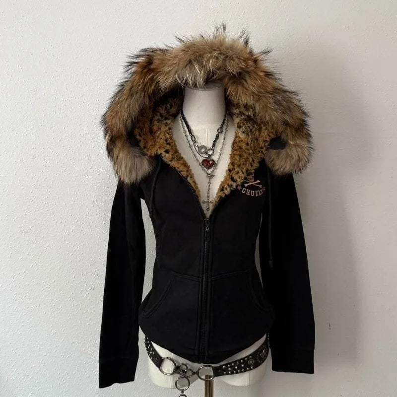 Y2K Harajuku New Fashion Skull Embroidery Plus Velvet Padded Casual Joker Vintage Popular Hip Hop Couples Fur Collar Coat Tops
