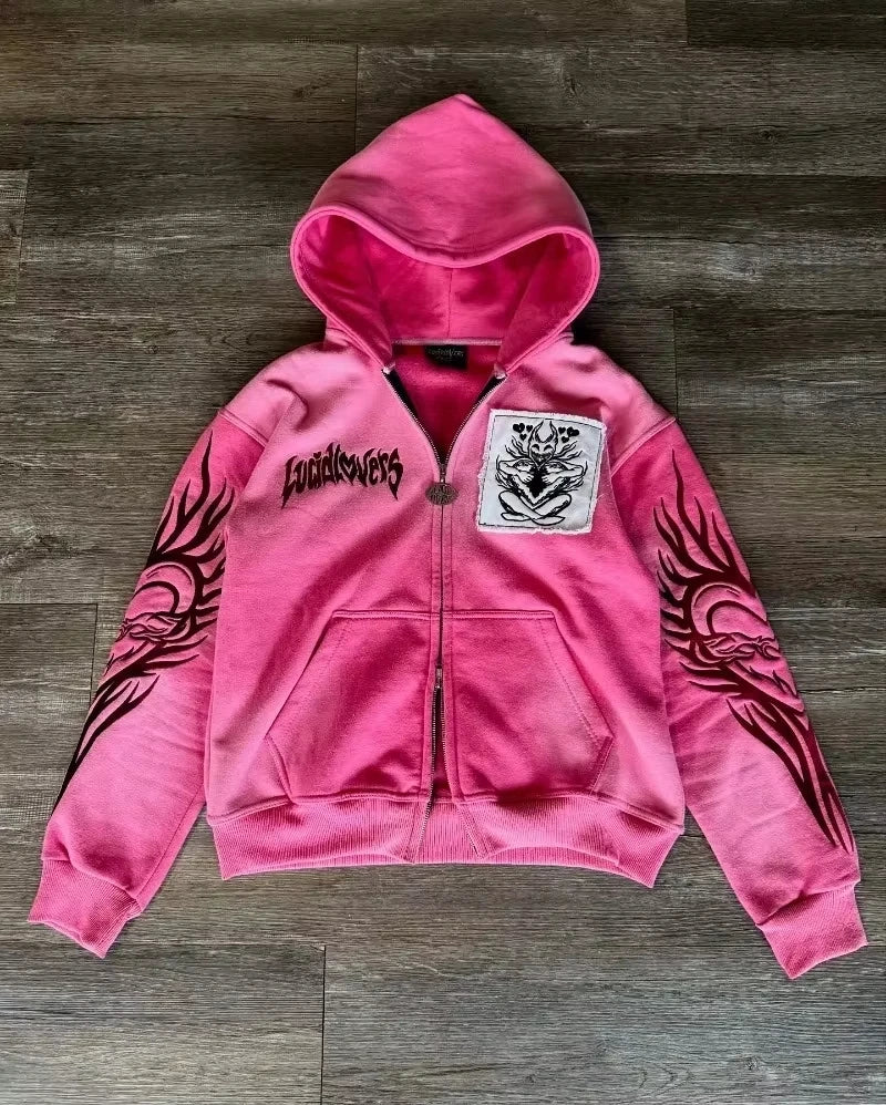 Y2K Harajuku New Fashion Skull Embroidery Plus Velvet Padded Casual Joker Vintage Popular Hip Hop Couples Fur Collar Coat Tops