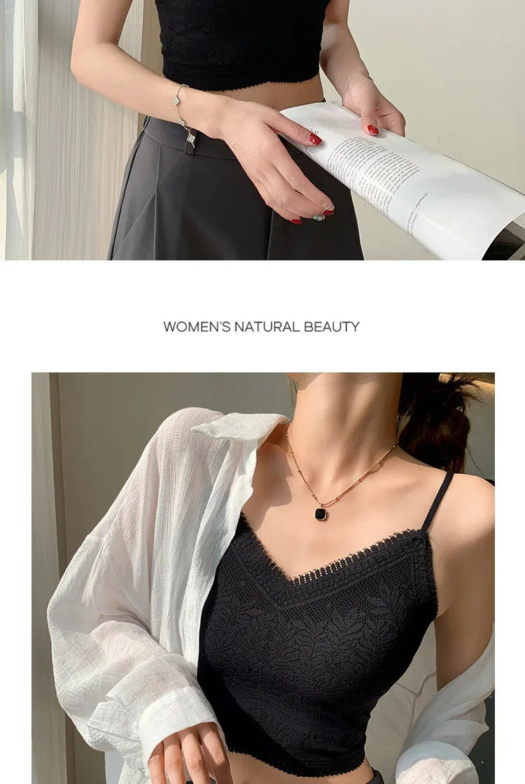 The New Women's Lace Vest with Seamless Small Halter Wrap Chest Seamless Underwear One Cup Anti-slip Bra Y2k Top Tank Top Halter
