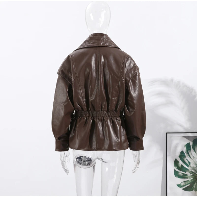 Fashion Brown Slim Waist Leather Jacket Women Loose Lapel Long Sleeve One Button Zipper Jackets 2026 Spring Street Lady Outwear