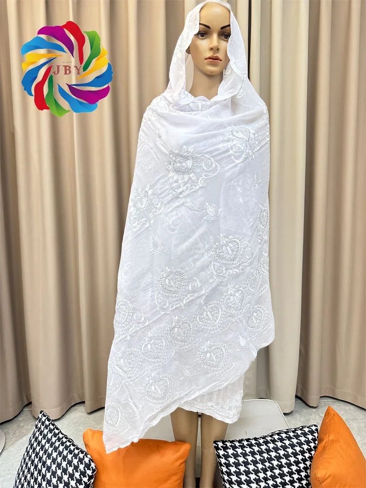 All white blanc Dubai African Muslim Shawl Wrap Cording Embroidery Scarf Sales Muslim Scarf 100% Cotton Big Scarf AfricanWomen