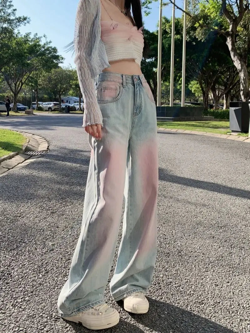 Powder Blusher Gradual Wash Wide Leg Soft Jeans Women's Thin High Waist Loose Slim Large Straight Floor Pants