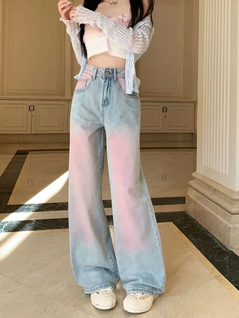 Powder Blusher Gradual Wash Wide Leg Soft Jeans Women's Thin High Waist Loose Slim Large Straight Floor Pants