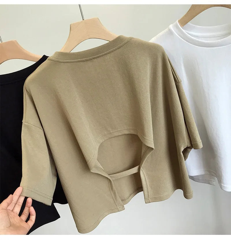 Summer Clothes Korean Sexy Backless Short O-Neck Women Casual Solid Color T-Shirt Short Sleeve Girl Tee Shirt Fashion Tops