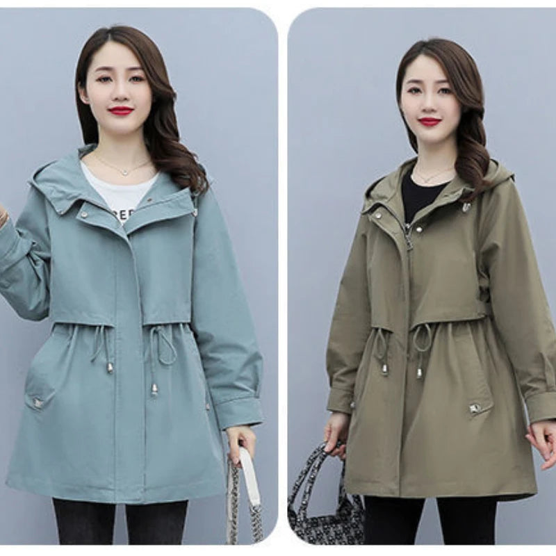 Spring and Autumn 2023 Women's Mid-length Trench Coat Hooded Zipper Tie-in Jackets British Style Loose Coats Women's Clothing