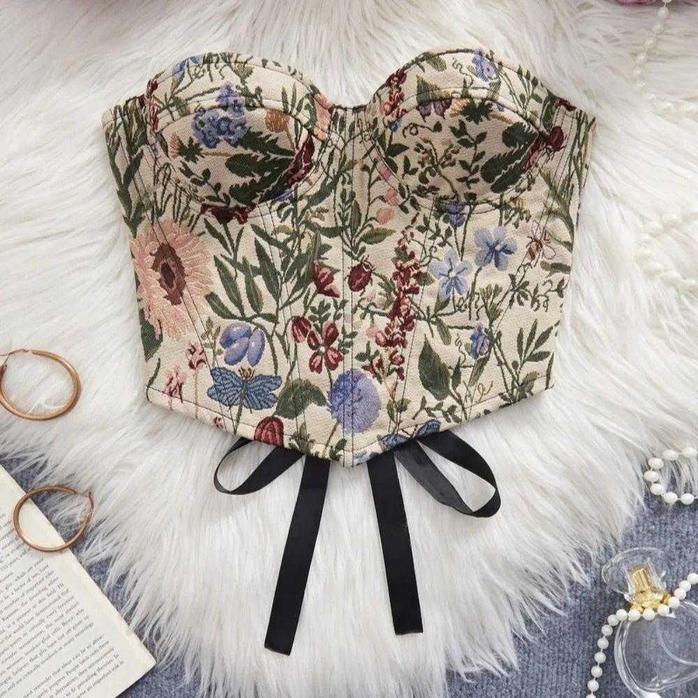 Boned Floral Underwired Corset Off-shoulder Abdominal Shaping Women's Shapewear Multi-Color Jacquard Strapless Corset Top