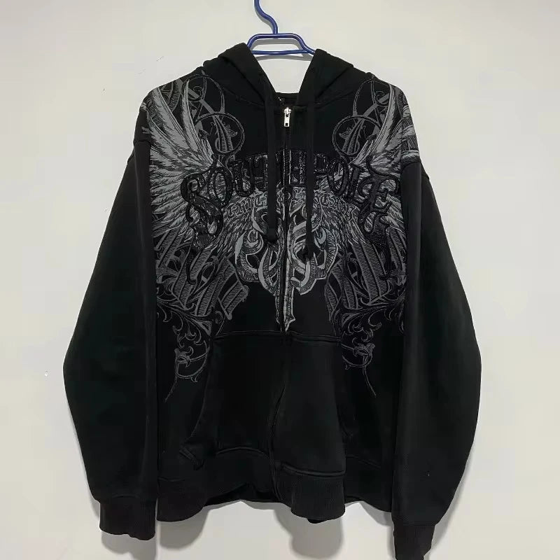 Y2K Harajuku New Fashion Skull Embroidery Plus Velvet Padded Casual Joker Vintage Popular Hip Hop Couples Fur Collar Coat Tops