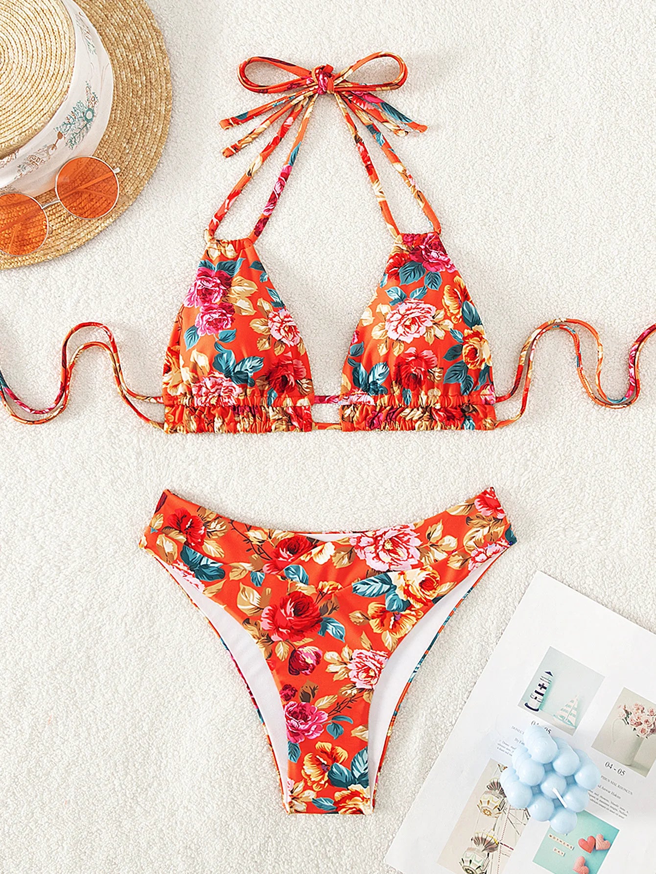 Women's Print High Waist Swimsuit, Cross Halter Bikini, V Neck Bathing Suit, Backless Beachwear, Swimwear, 2023