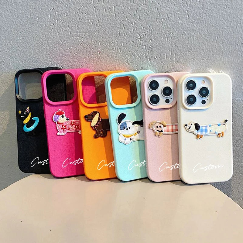 3D Cartoon Embroidery Dog Personalized Custom Name Phone Case For iPhone 16 15 14 13 11 12 Pro Max Plus X XS XR Candy DIY Cover