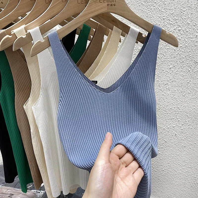 Zjaiss 2026 Summer Fashion Women Camisole Ice Silk Knit Tank Top Slim Fit Sleeveless Base Top Solid Color V-Neck Crop Top