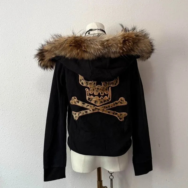 Y2K Harajuku New Fashion Skull Embroidery Plus Velvet Padded Casual Joker Vintage Popular Hip Hop Couples Fur Collar Coat Tops