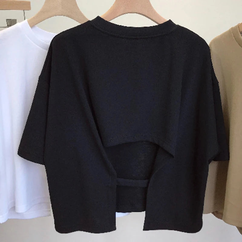 Summer Clothes Korean Sexy Backless Short O-Neck Women Casual Solid Color T-Shirt Short Sleeve Girl Tee Shirt Fashion Tops