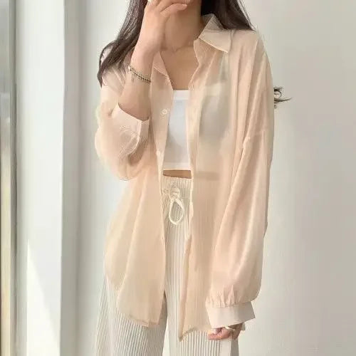 2025 Colors Shirts Women Sheer Thin Chic Summer Simple Solid Sun-proof Temper Fashion Baggy All-match Basic Korean Style Clothes
