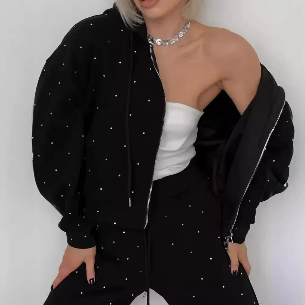 Two Pieces Pant Sets Women Matching Sets Hot Fix Rhinestone Zipper Hooded Coat Drawstring Waist Pants Loose Casual 2026 Winter