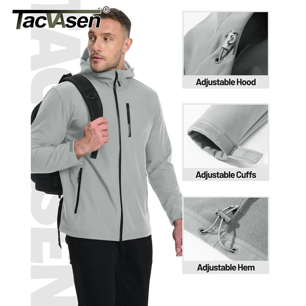 TACVASEN Hooded Softshell Jacket Mens Waterproof Rain Jacket Fleece Lined Work Jacket Outdoor Trekking Hiking Windbreaker Male