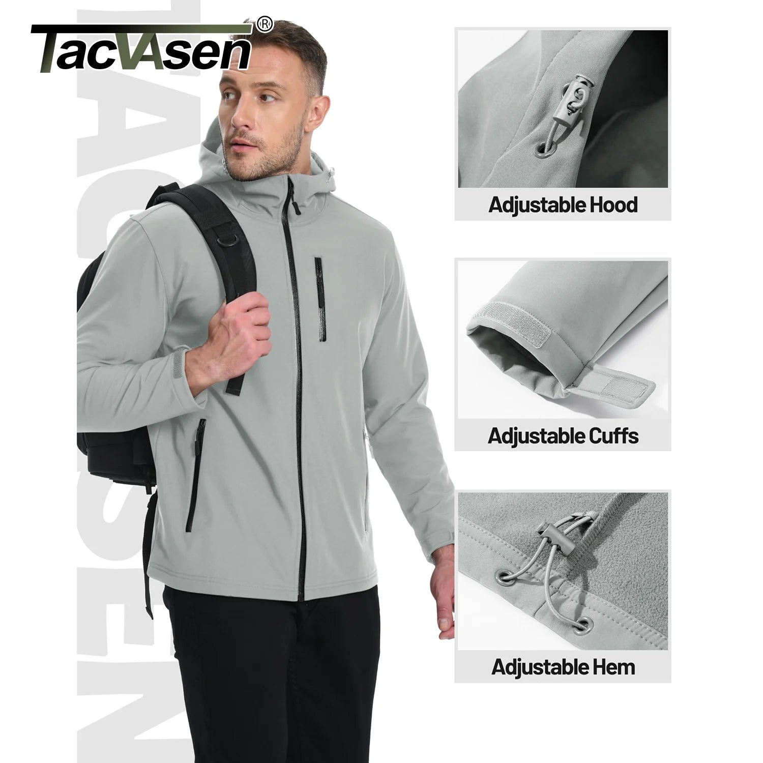 TACVASEN Hooded Softshell Jacket Mens Waterproof Rain Jacket Fleece Lined Work Jacket Outdoor Trekking Hiking Windbreaker Male