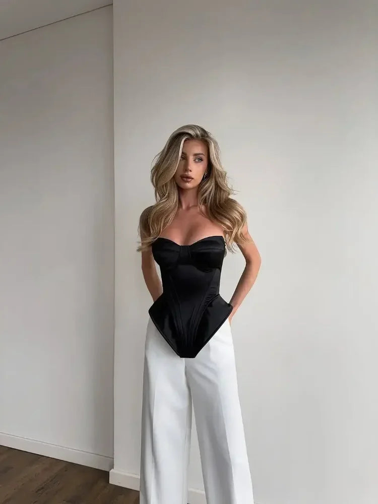 Sexy Fishbone Strapless Short Top Women Chic Sleeveless Off-shoulder Backless Waist Cinching Tops 2026 Lady Evening Party Blouse