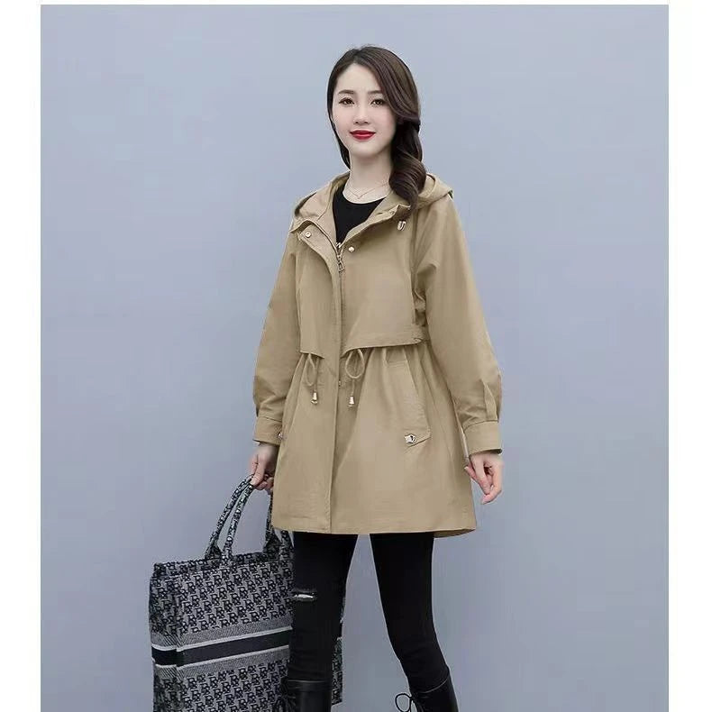 Spring and Autumn 2023 Women's Mid-length Trench Coat Hooded Zipper Tie-in Jackets British Style Loose Coats Women's Clothing