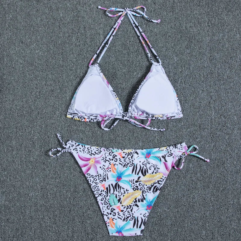 Leaves Print Swimsuit for Women,low Waist Drawstring Bikini,2-piece Swimwear,V-neck Susupender Backless Bathing Suit,beachwear
