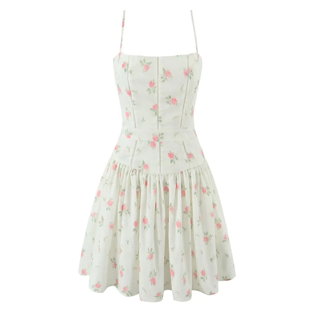 YENKYE Sexy Spaghetti Straps Floral Print Mini Dresses Women Low Waist A-line Summer Vacation Party Robe