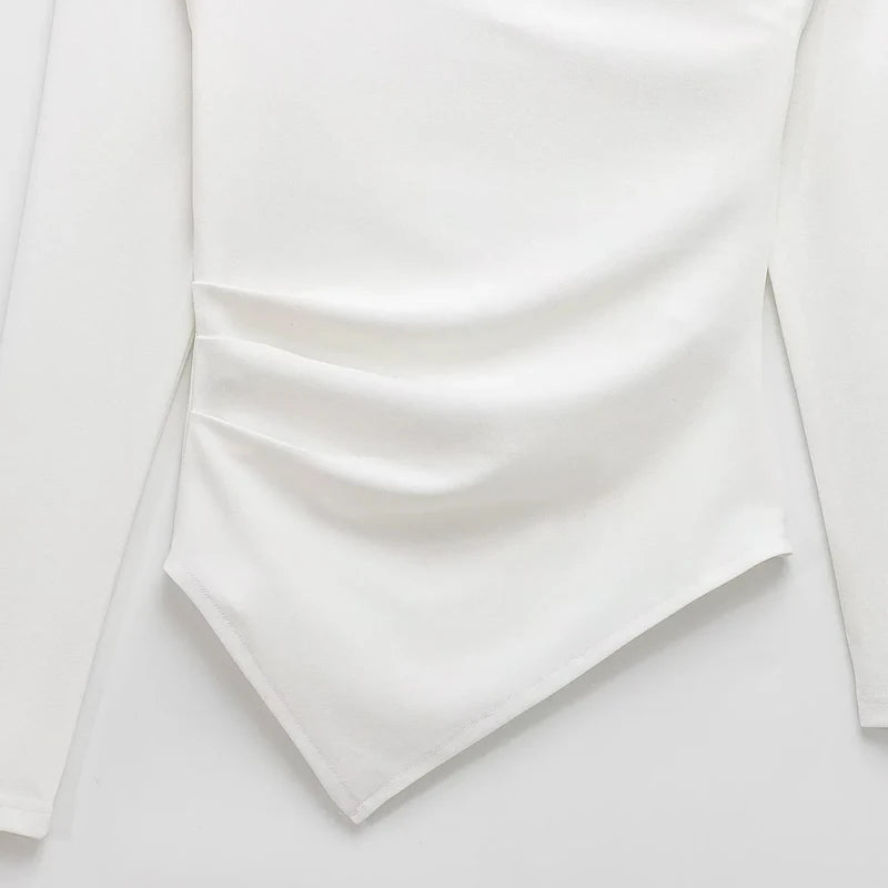 HXAO Womens Tops Off Shoulder Cropped Asymmetrical Top Spring 2025 Woman Ruffled Plain T-Shirts Long Sleeve Top Women's Blouses