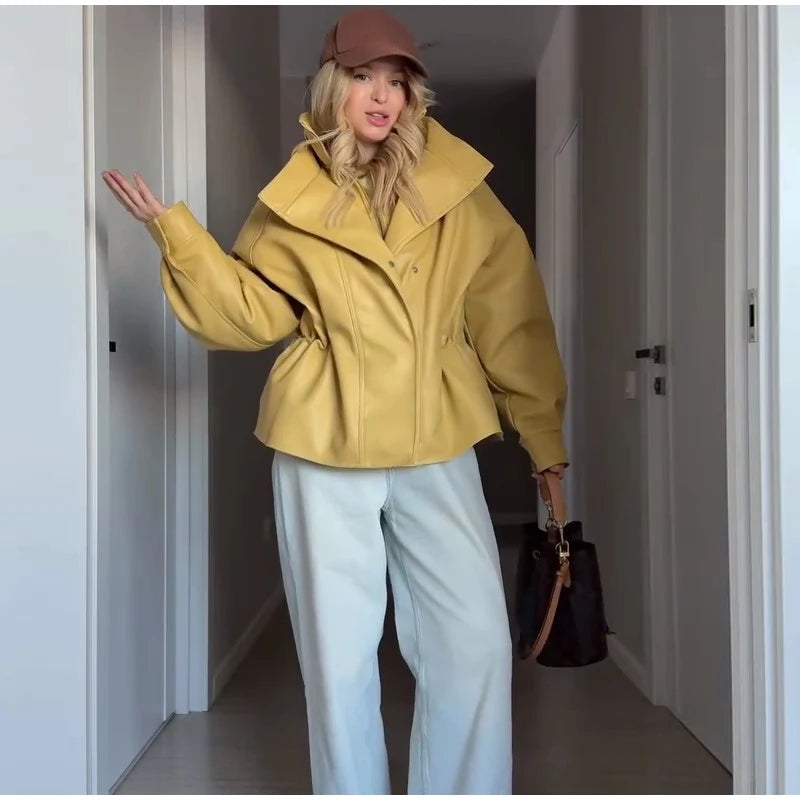 Fashion Brown Slim Waist Leather Jacket Women Loose Lapel Long Sleeve One Button Zipper Jackets 2026 Spring Street Lady Outwear