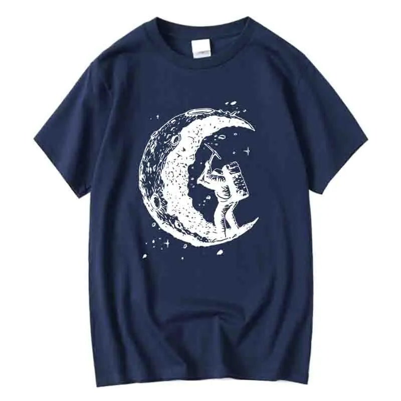 Men's High Quality Cotton Blend Moon Print Casual Summer Cool Short Sleeve Men Tshirt Loose t-shirt Male Tee Shirts Male Tee Top