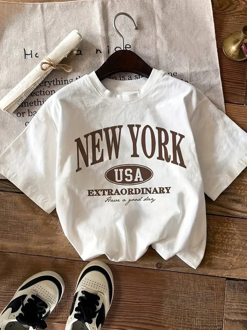 New York City Letter Printed T-shirt Fashion Casual T-shirt Pure Cotton Fun Women's Sports Top Creative Summer Women's T-shirt