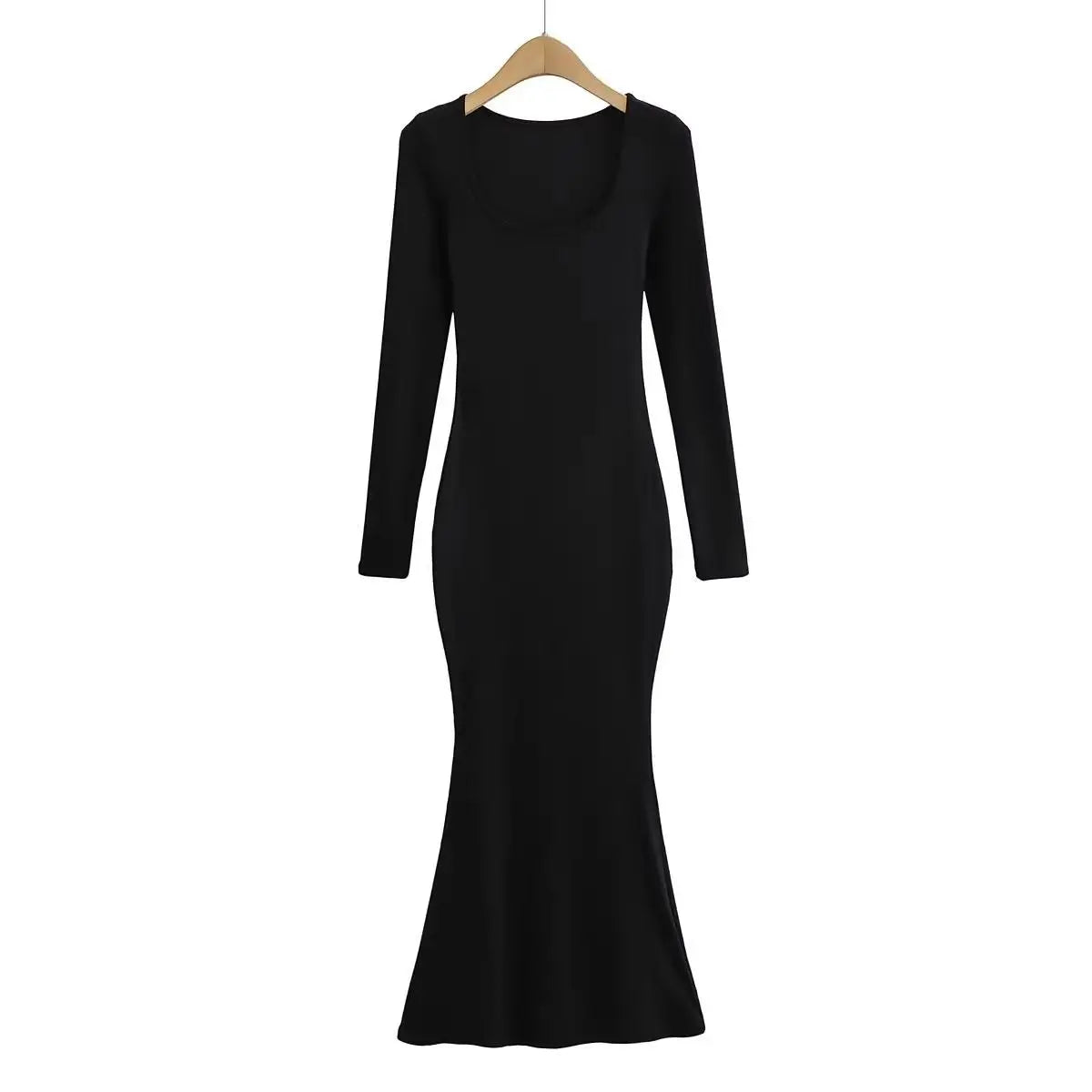 Slimming Square Neck Long Sleeve Fish Tail Gown Women's Early Spring New Style Elegance Knee-Length Bodycon Dress