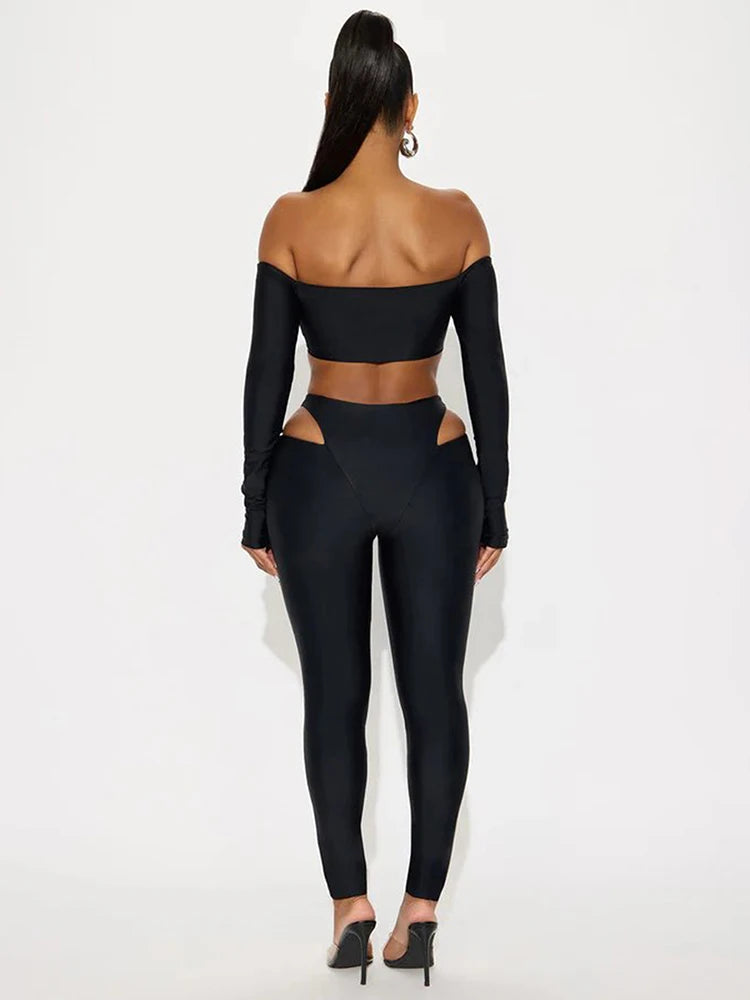 Cutenew Tight Slash Neck 2 Piece Set Women Crop Tops+High-Waist Hollow Leggings Matching Streetwear Casual Sporty Outfits