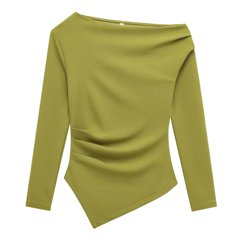 HXAO Womens Tops Off Shoulder Cropped Asymmetrical Top Spring 2025 Woman Ruffled Plain T-Shirts Long Sleeve Top Women's Blouses