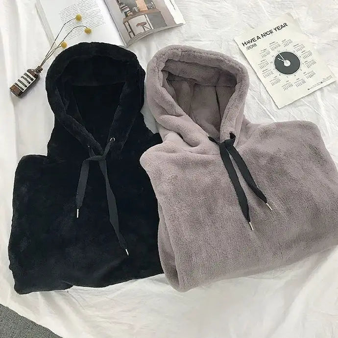 Plus Velvet Hoodies Women Hooded Thicker Furry Cozy Korean Fashion Couples Simple Winter Warm Coats Loose Outwear Slouchy Ins