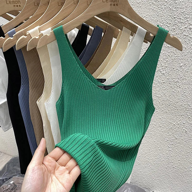 Zjaiss 2026 Summer Fashion Women Camisole Ice Silk Knit Tank Top Slim Fit Sleeveless Base Top Solid Color V-Neck Crop Top