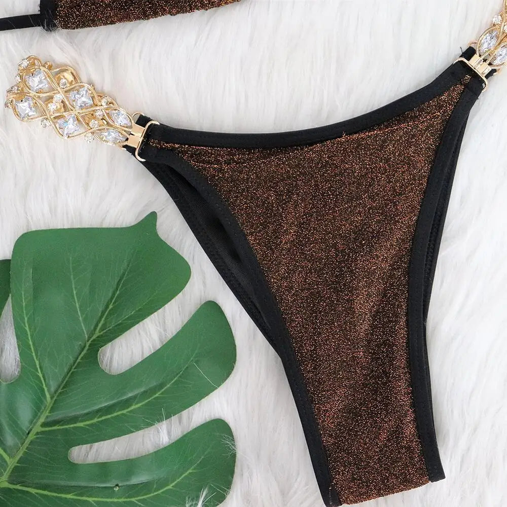 Sexy Bikinis Swimsuits Woman 2025 Luxury Rhinestones Push Up Diamond Thong Swimwear Shiny Gold Beach Bathing Suit Bikini Set