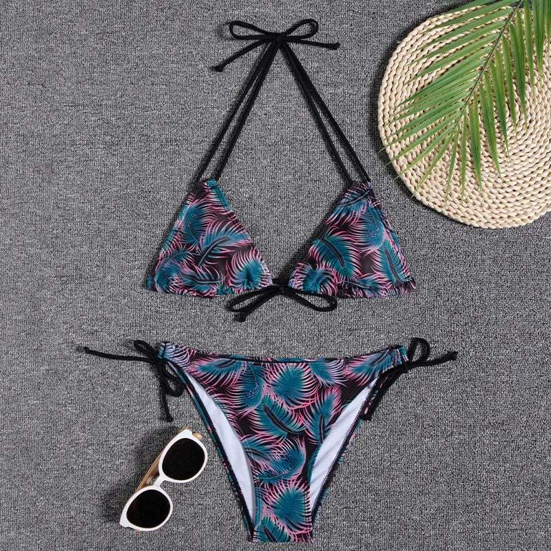 Leaves Print Swimsuit for Women,low Waist Drawstring Bikini,2-piece Swimwear,V-neck Susupender Backless Bathing Suit,beachwear