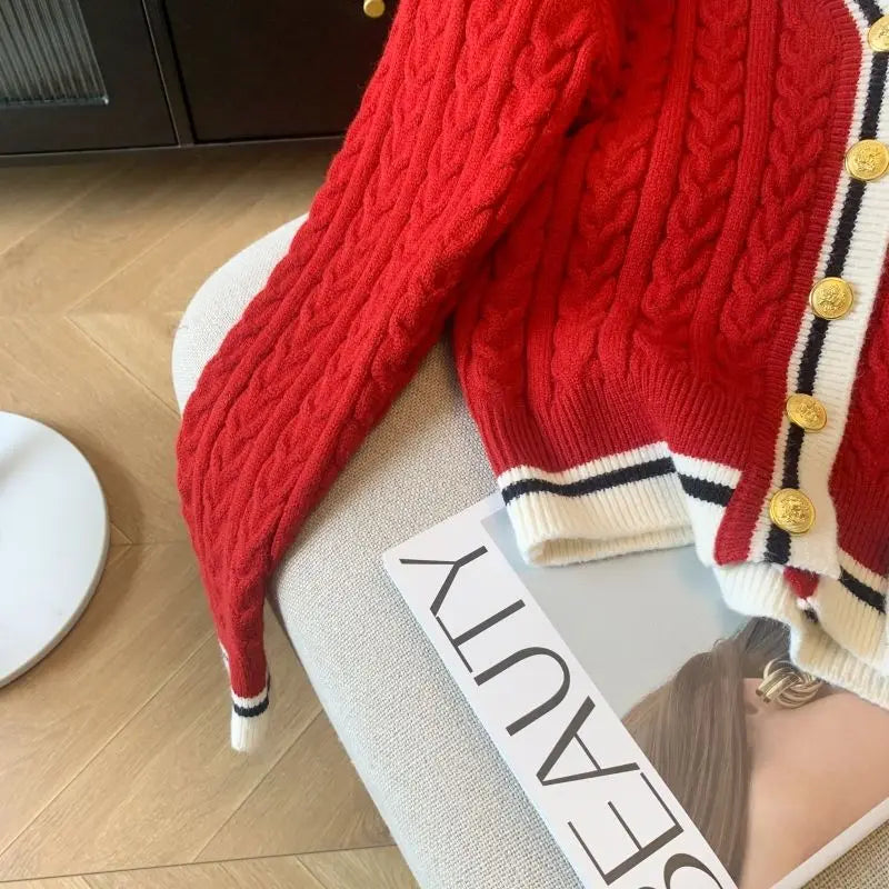 2025 Autumn Winter Preppy Style V-Neck Knitting Long Sleeve Cardigan Women Casual Appliques Single Breasted Female Loose Sweater