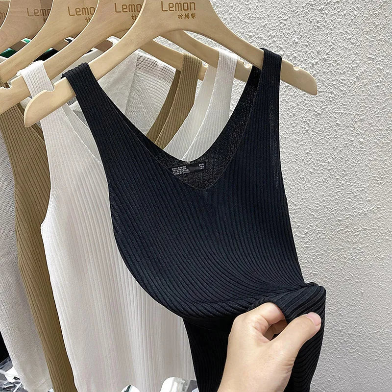 Zjaiss 2026 Summer Fashion Women Camisole Ice Silk Knit Tank Top Slim Fit Sleeveless Base Top Solid Color V-Neck Crop Top