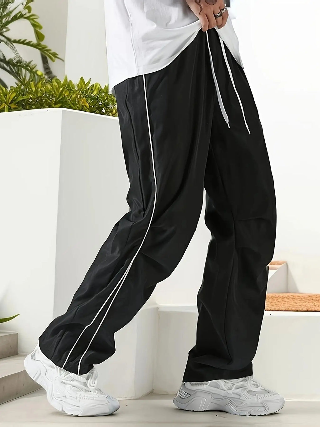 Men's Regular Plain Sports Straight Pants with Drawstrings and Elastic Waistband, Reflective Webbing Design, Suitable for Daily Leisure, Street Basketball, Fitness, Multi-Scenario Matchinging, Suitable for All Seasons