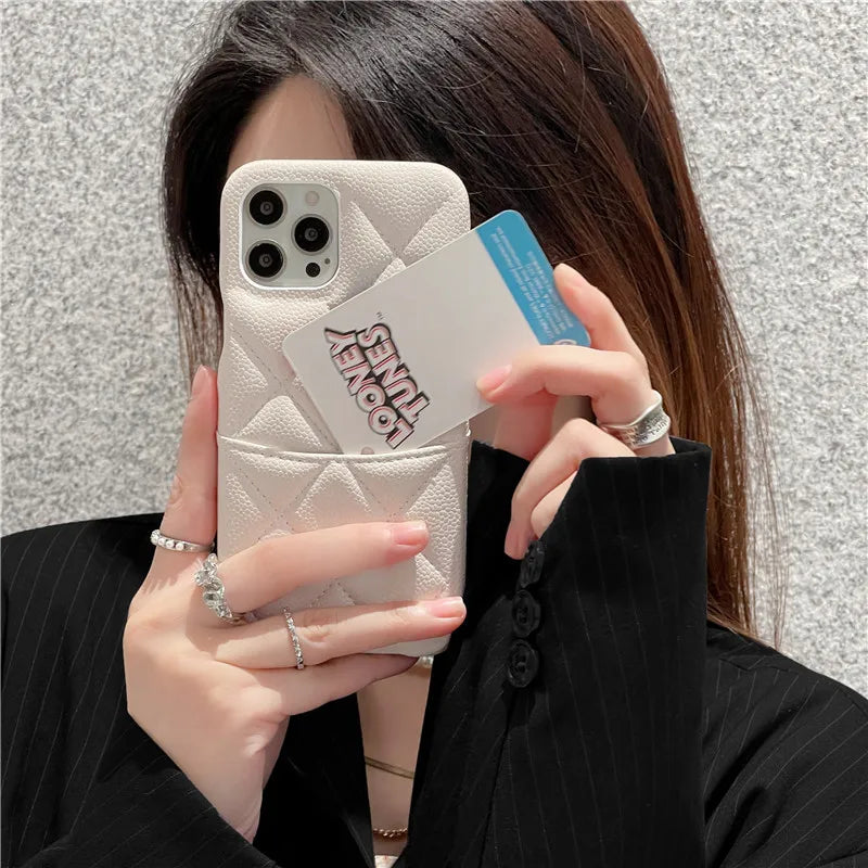 Luxury Lychee Texture Leather Card Bag Solid Color Wallet Phone Case for iPhone 17 16 15 14 Pro Max Black White PU Hard Cover