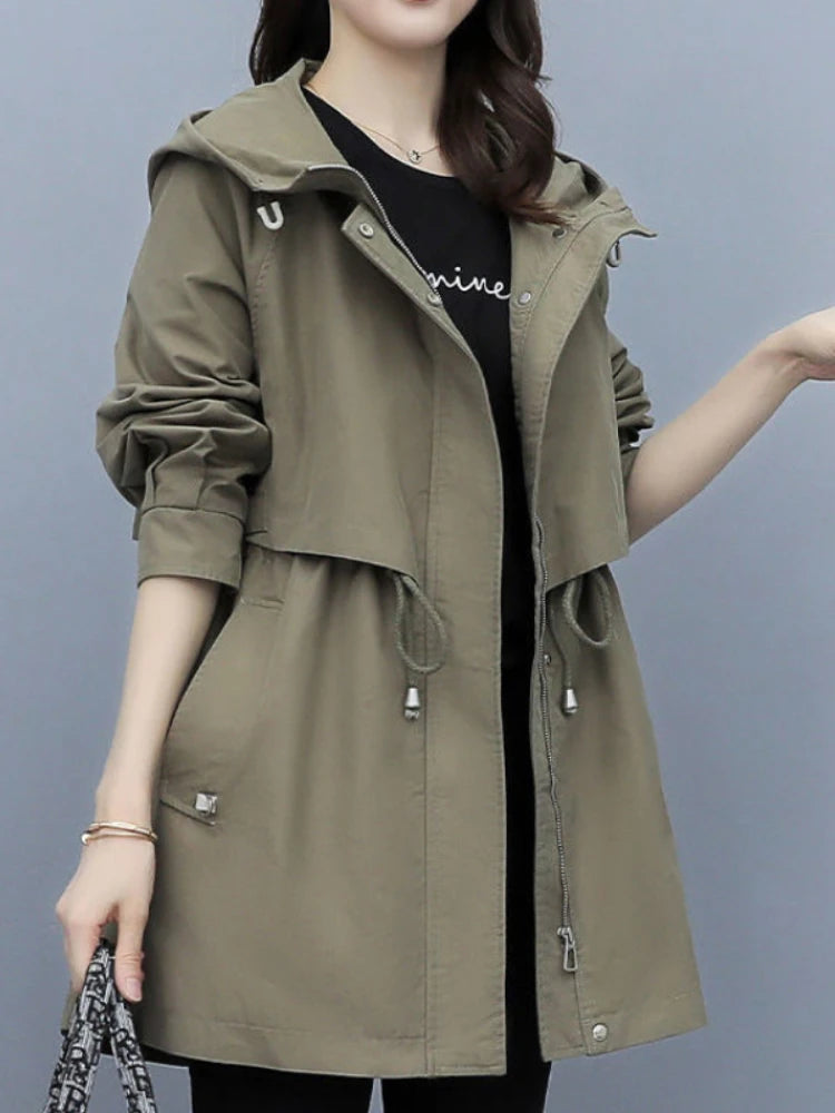 Spring and Autumn 2023 Women's Mid-length Trench Coat Hooded Zipper Tie-in Jackets British Style Loose Coats Women's Clothing