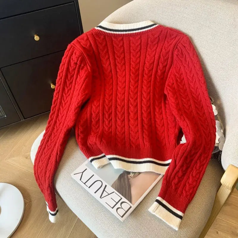 2025 Autumn Winter Preppy Style V-Neck Knitting Long Sleeve Cardigan Women Casual Appliques Single Breasted Female Loose Sweater